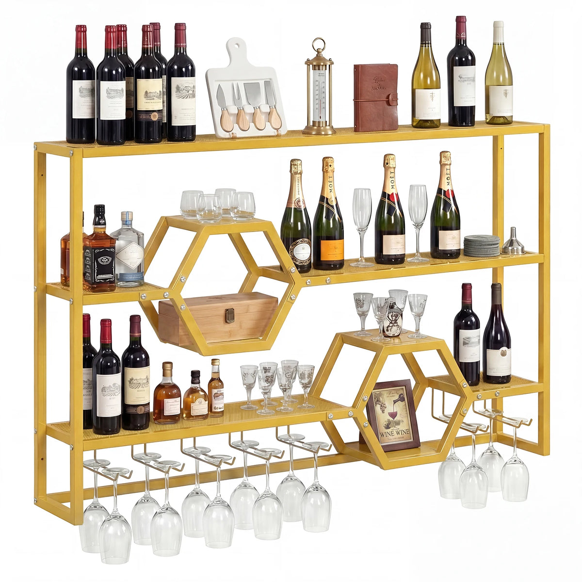 Wall Mounted Wine Rack 47” Large Floating Bar Shelves w/ Glass Holder for Kitchen