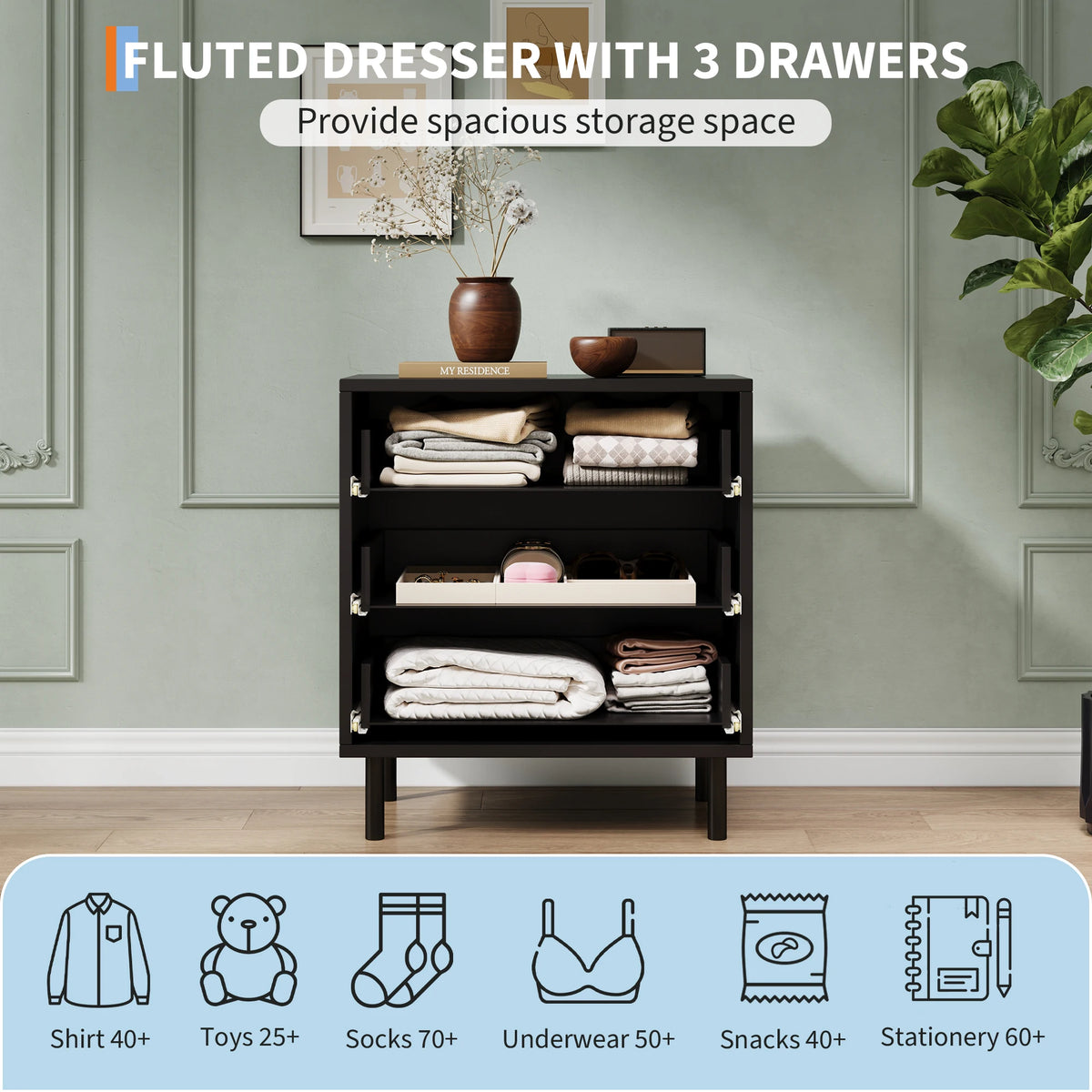 GAOMON Fluted Wooden Chest of Drawers with Metal Legs