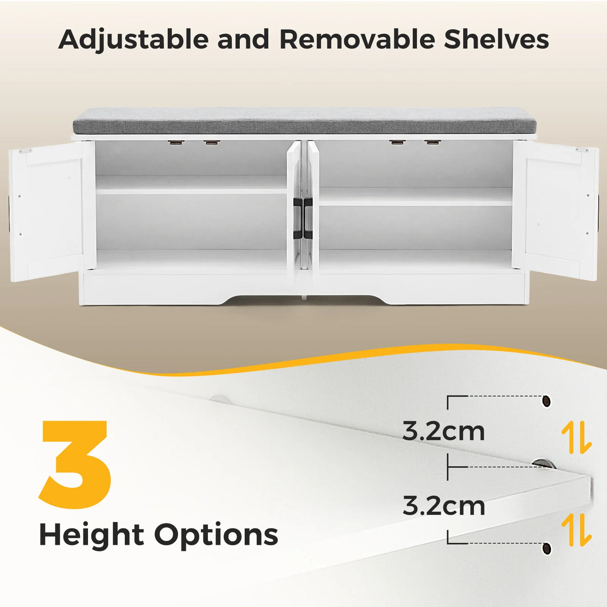 JHK Storage Bench Shoe Organizer Cabinet With 2 Doors Padded Seat Cushion