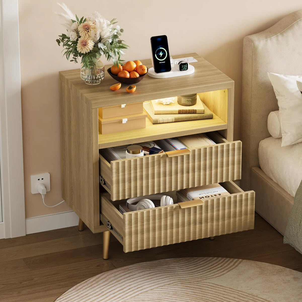 23.6 Inch Nightstand With Charging Station, RGB LED Light, 2 Drawers, Open Shelf, 3 AC Outlets And 2 USB Ports For Bedroom Dorm