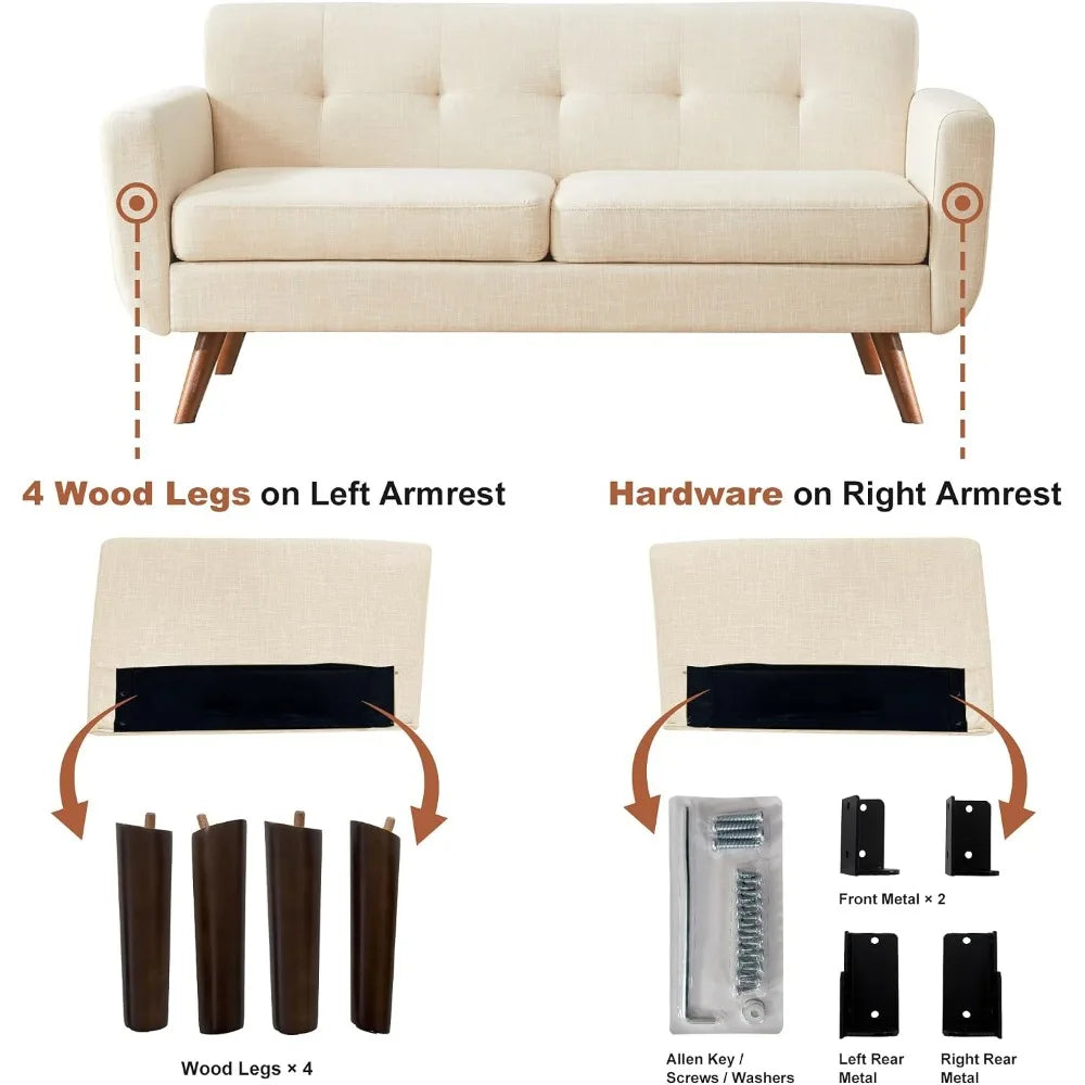 Mid Century Modern Loveseat Sofa for Living Room, Bedroom, Beige Upholstered, Easy Install
