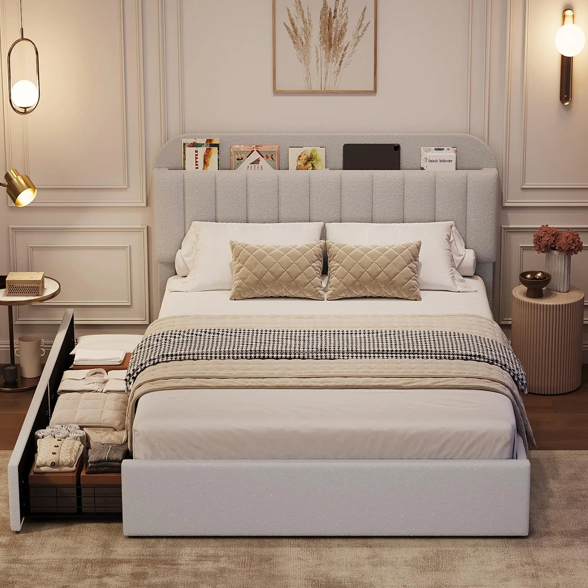 GAOMON Upholstered Bed With Headboard, Storage Drawers And Display Shelf