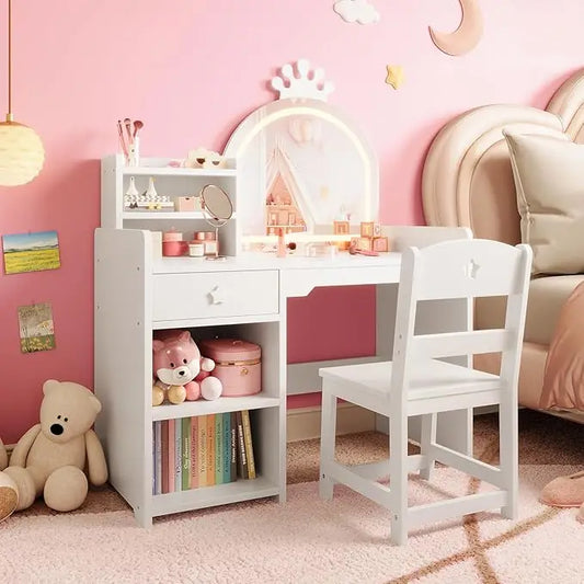 HiMISS Kids Vanity Desk Set With Lights Chair And Bookshelf