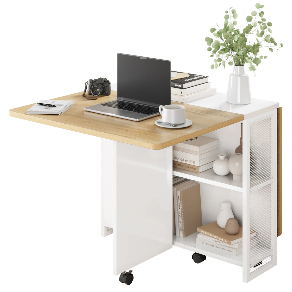HiMISS Foldable Rolling Computer Desk With Storage Cabinet And Wheels