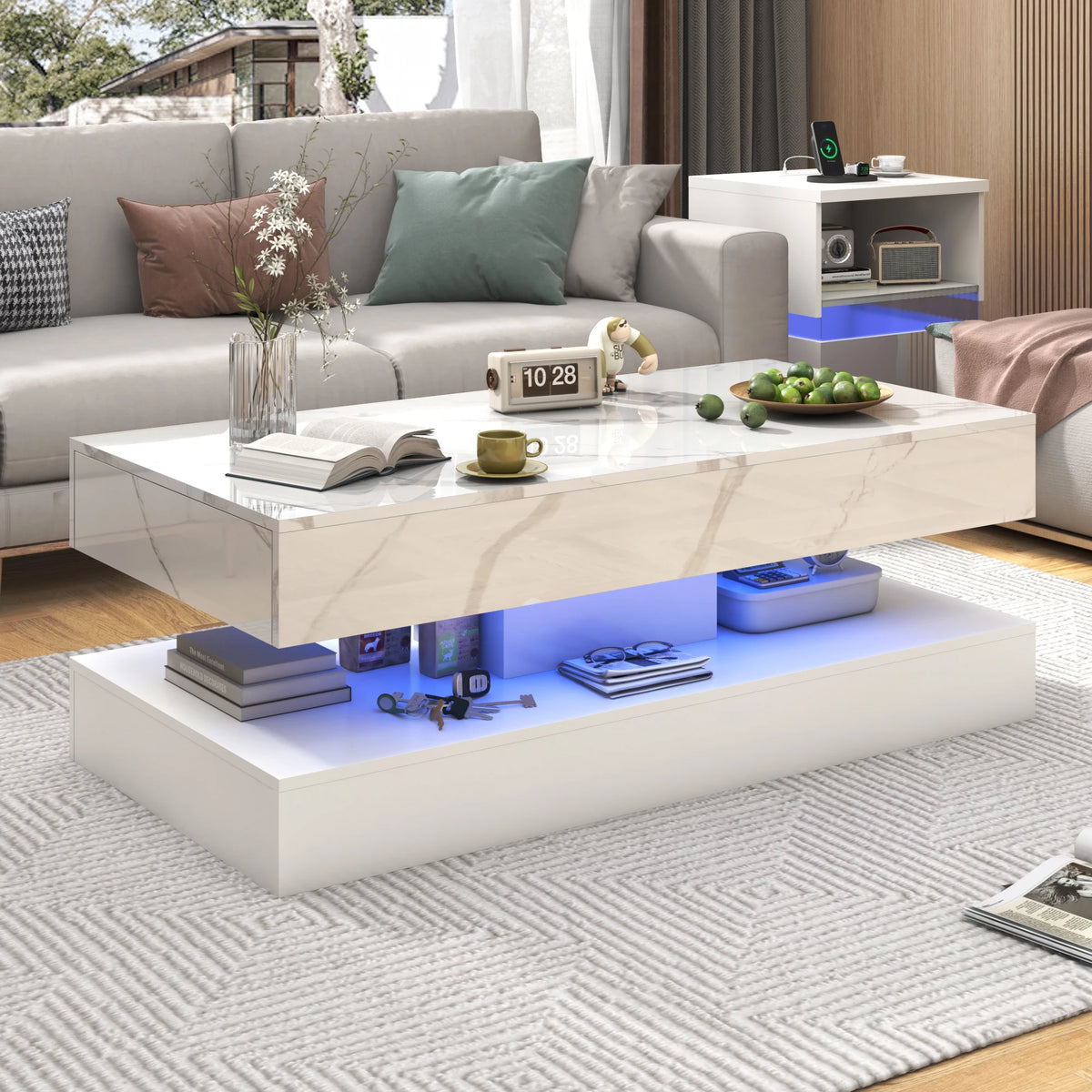 QiaoShiRen Modern LED Coffee Table with Double Layer Storage