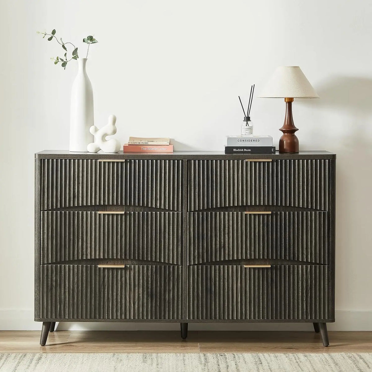 Grey Fluted 6 Drawer Mid Century Dresser