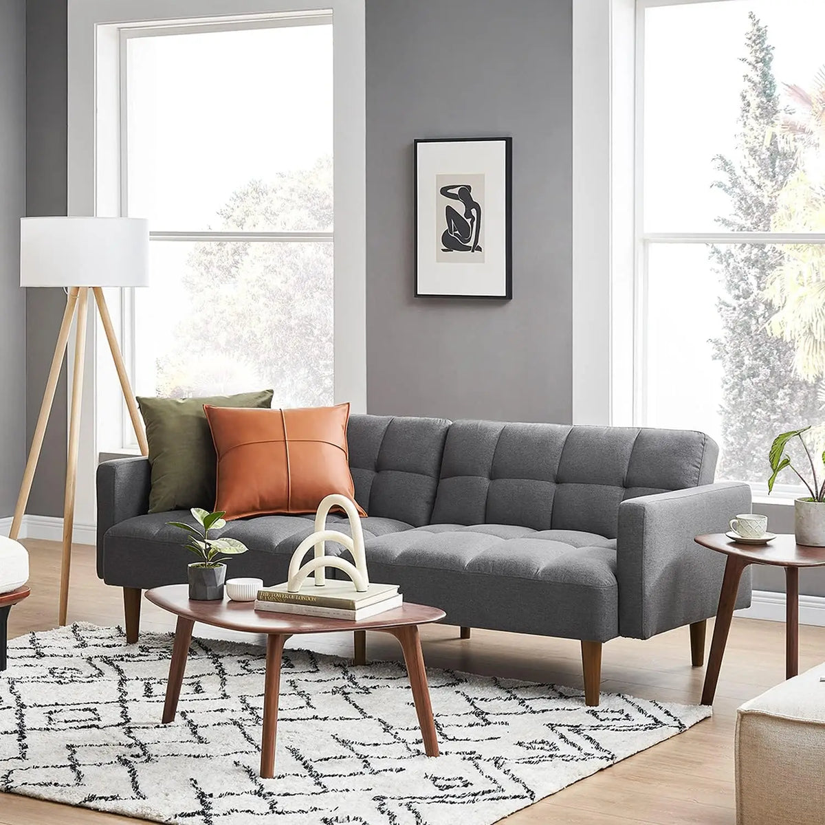 mopio 76.4" Mid Century Futon Sofa Bed PU Leather Loveseat Living Room Pecan Brown