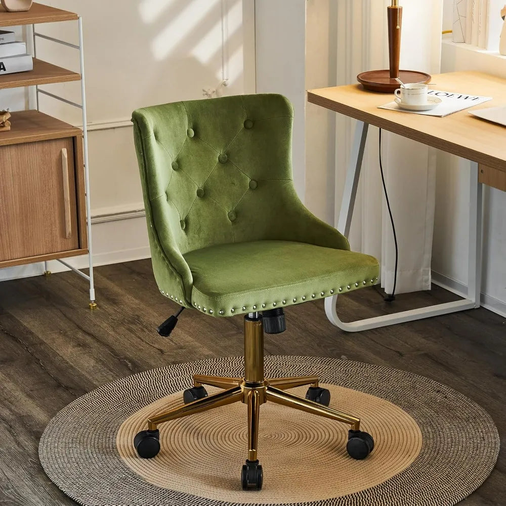 VINGLI Small Cute Green Velvet Office Desk Chair Gold Base Adjustable Swivel Armless Makeup Vanity Chair For Women Girls