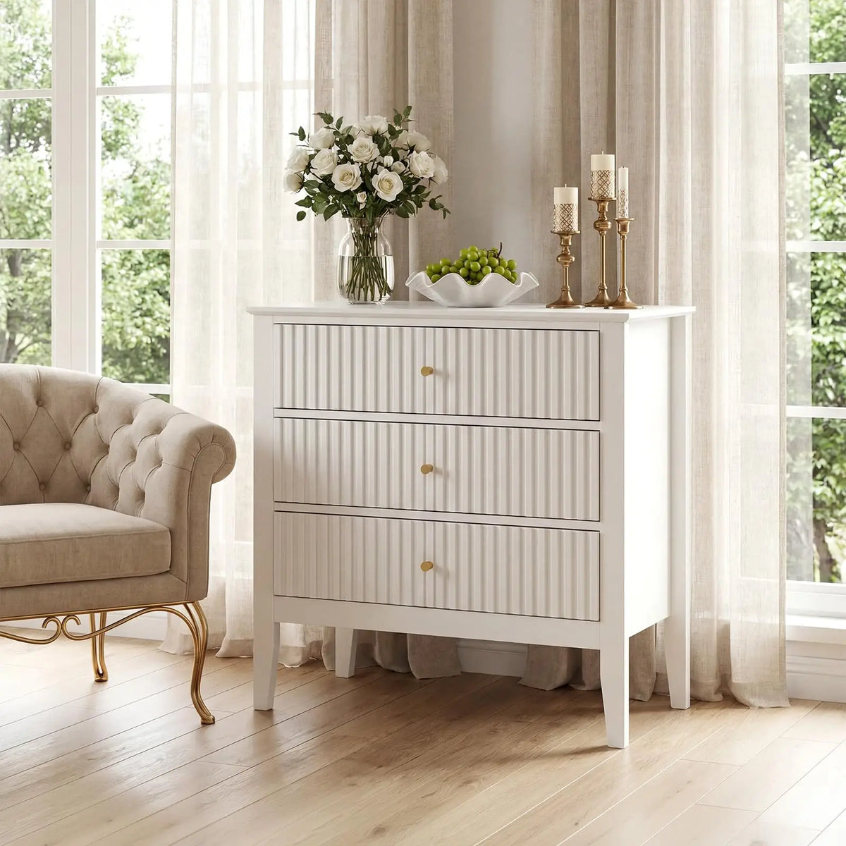 31.5 Inch Fluted Nightstand With Charging Station, 3 Drawer Bedside Table Raised Leg Storage Cabinet For Bedroom Living Room Home