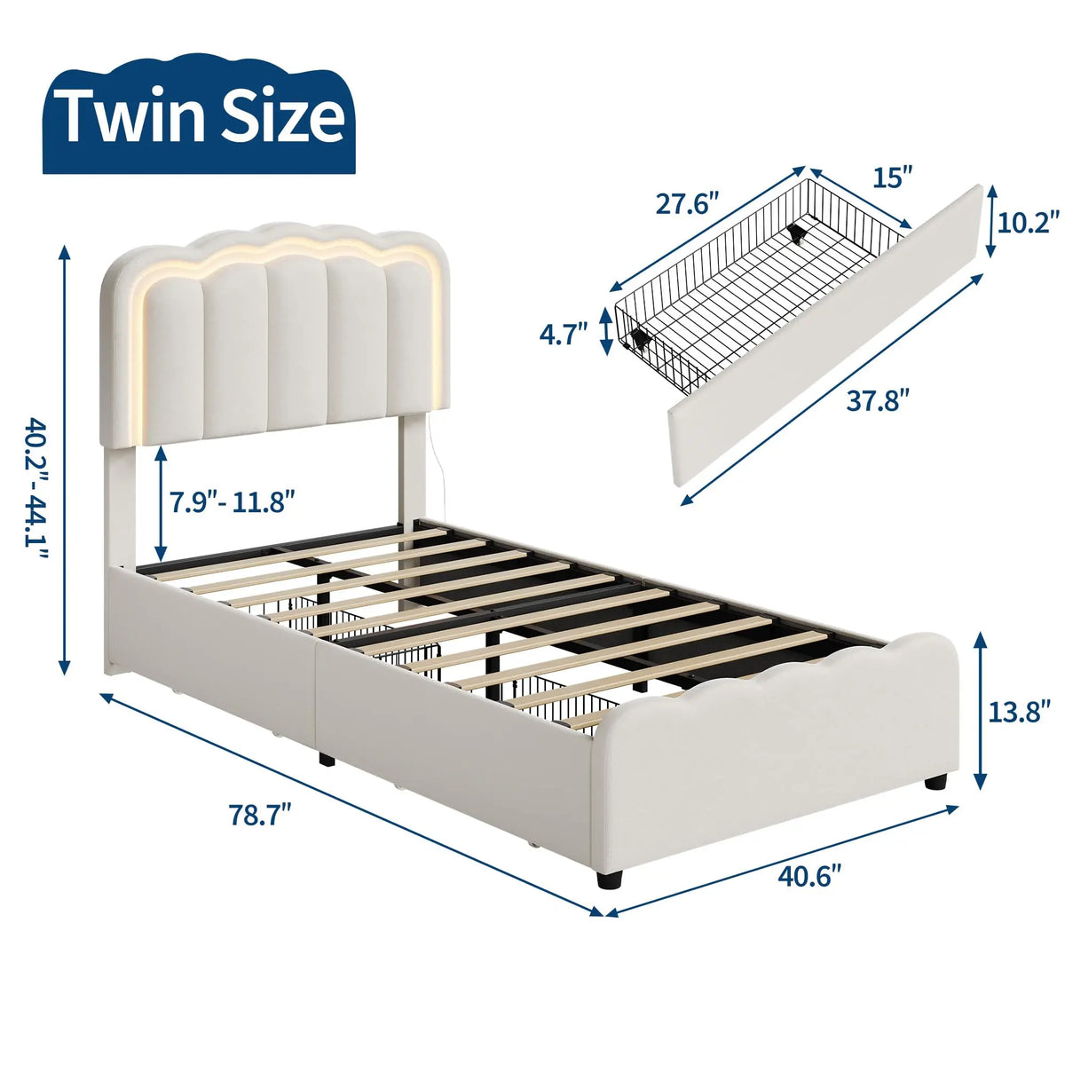 HiMISS Upholstered Platform Bed With Storage Drawers And LED Lighting