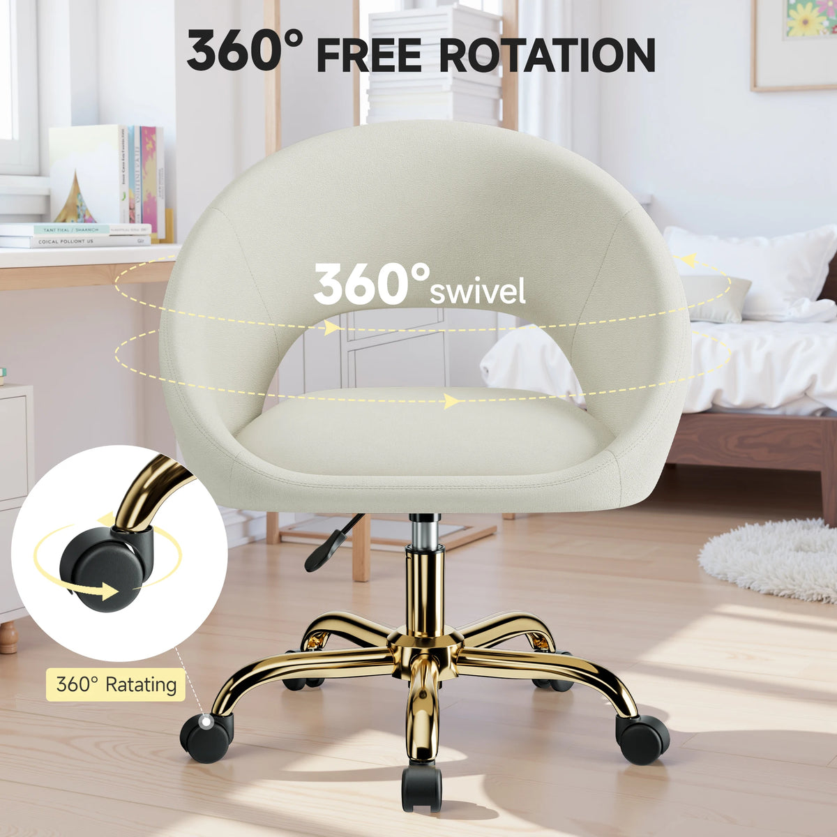 KERDOM Vanity Chair with Adjustable Swivel Wheels, Velvet Home Office Desk Chair with Hollow Back, Accent Armchair with Gold Base, Criss Cross Chair with Upholstered Back for Home Office, Living Room, Bedroom and Study, Beige