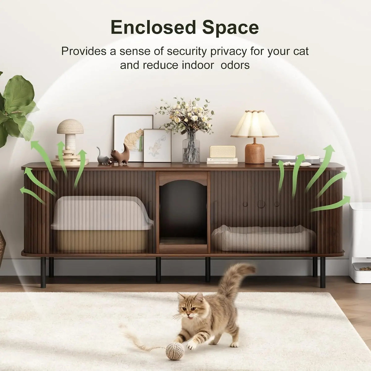 Double Cat Litter Box Enclosure Furniture, 59" Fluted Cabinet, Walnut | Large Hidden LitterBox Furniture, with Scratching Pad