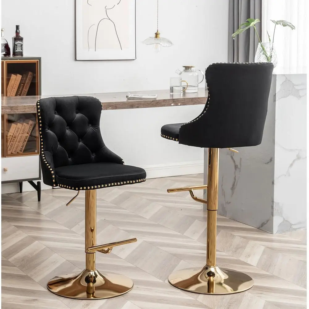 Gold Velvet Bar Stools Set o 4, Swivel Counter Height Bar Stools with Nails Trim, Adjustable Barstools or Kitchen Island, Pub, C