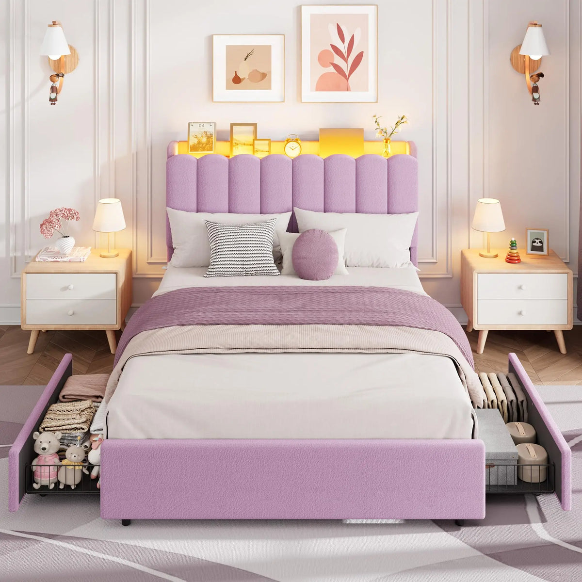 GAOMON Upholstered Bed with RGB LED Lighting and Storage Drawers