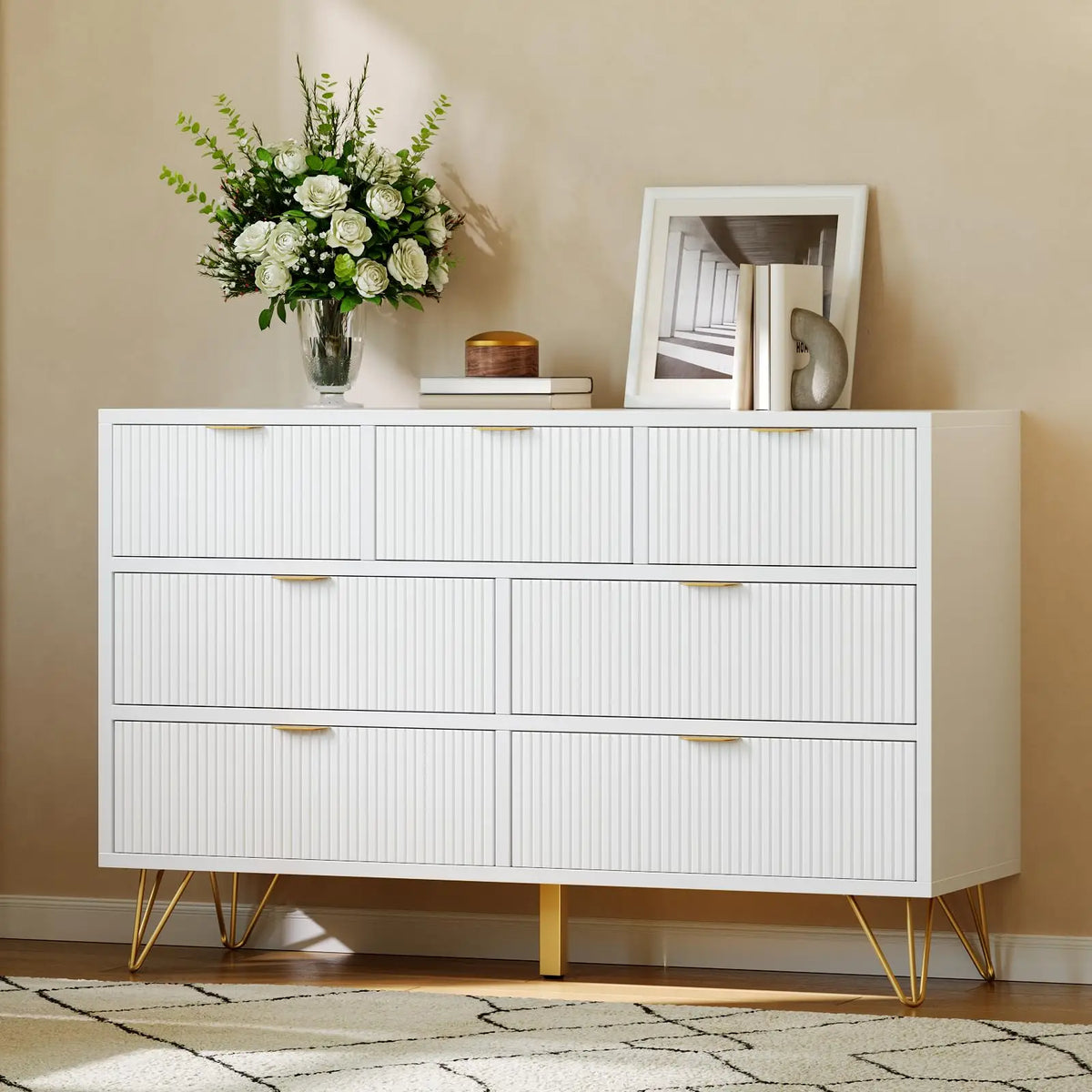 47.2 Inch 7 Drawer Dresser For Bedroom, Modern White Chest Of Drawers With Gold Metal Legs, Narrow Storage Cabinet For Entryway