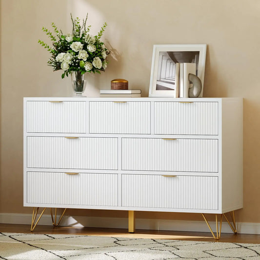 47.2 Inch 7 Drawer Dresser For Bedroom, Modern White Chest Of Drawers With Gold Metal Legs, Narrow Storage Cabinet For Entryway
