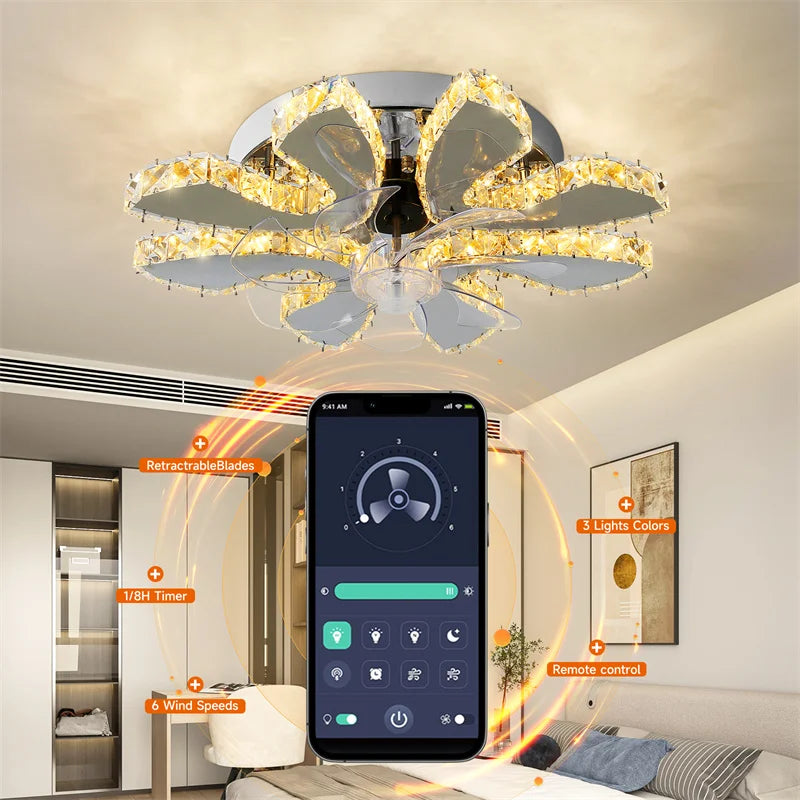 GreeLustr Remote Control Crystal Ceiling Fan Light With Retractable Blades