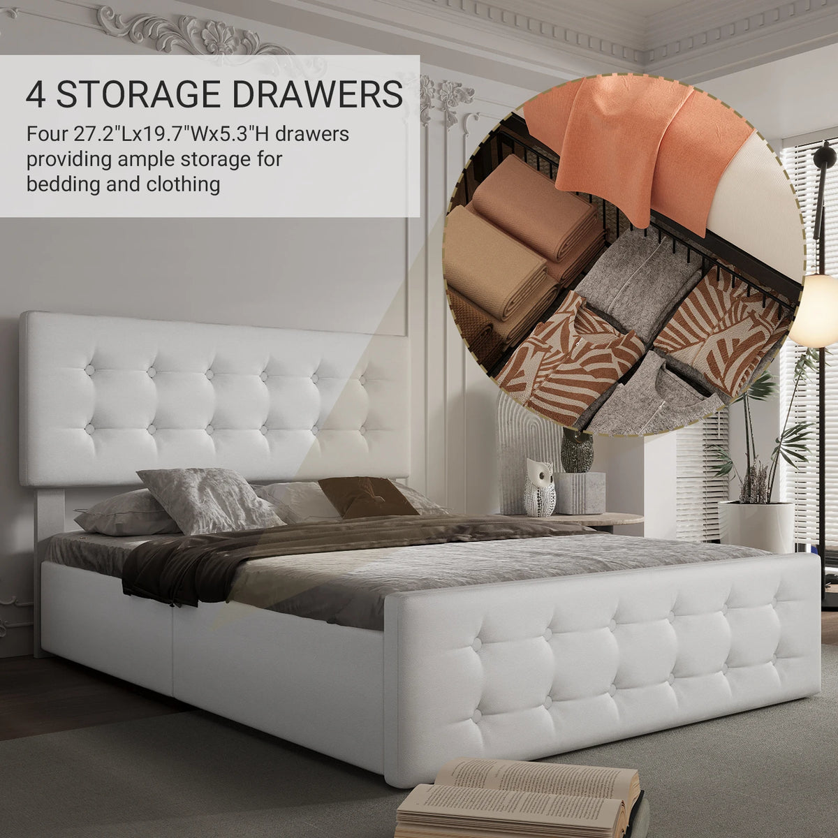 Upholstered Platform Bed Frame With Tufted Headboard And Storage Drawers