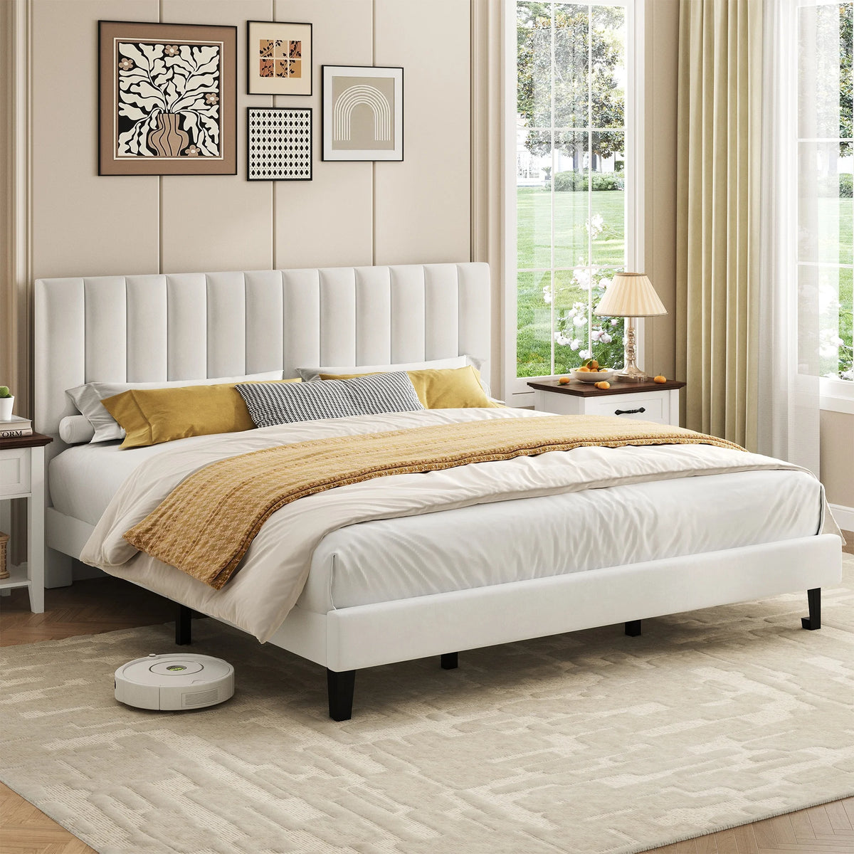 GAOMON Velvet Upholstered Platform Bed Frame With Adjustable Tufted Headboard