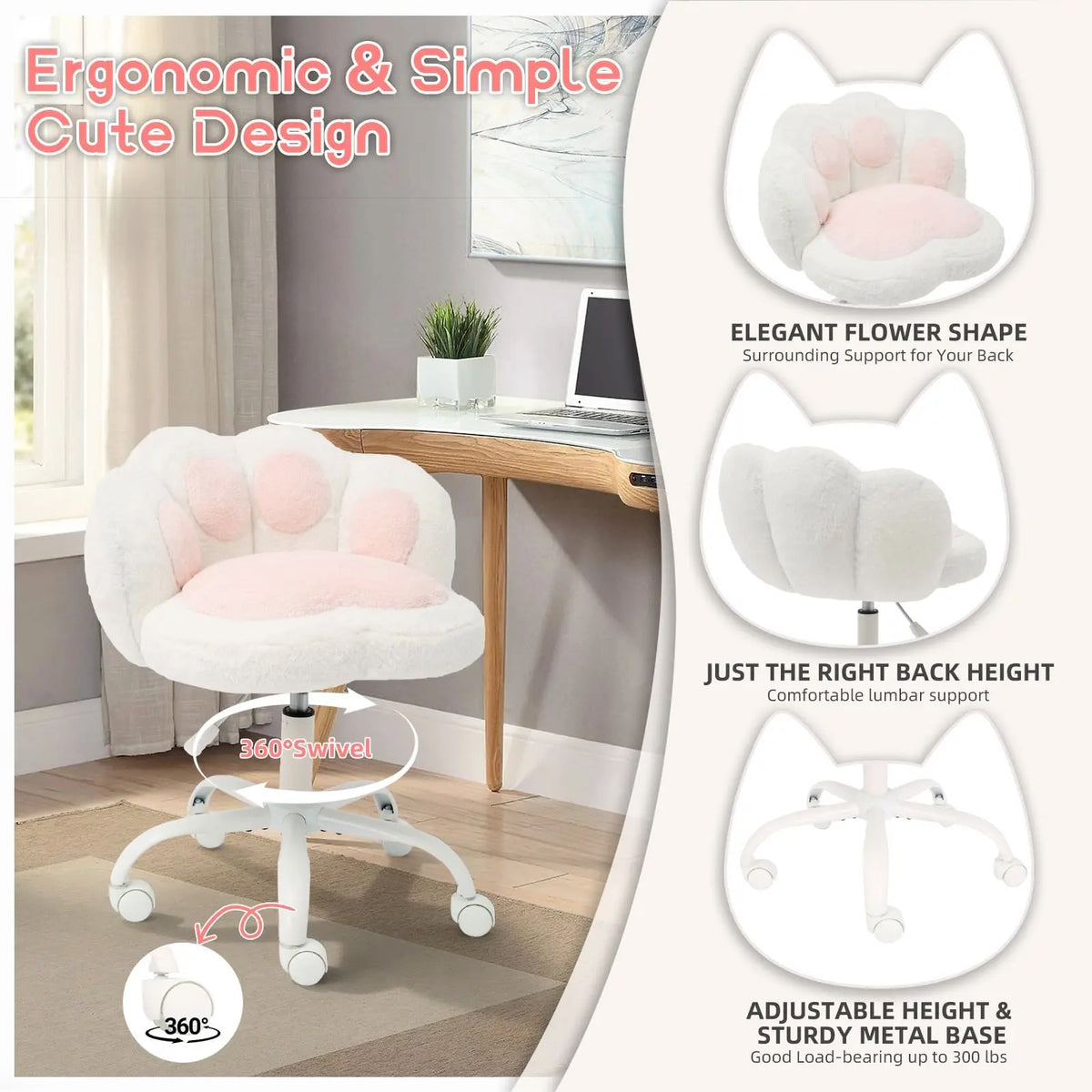 Cute Vanity Chair With Wheels, Armless Teddy Desk Chair With Paw Back, Height Adjustable Swivel Chair For Small Space Bedroom