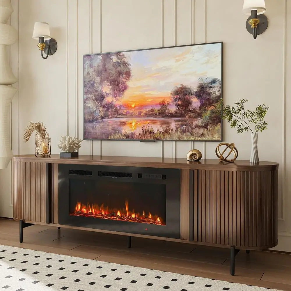 XMSJ Fluted TV Stand With Electric Fireplace Entertainment Center