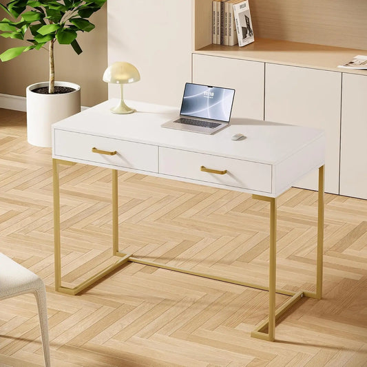 White & Gold Modern Computer Desk with 2 Drawers for Home Office Bedroom Small Space, Customized