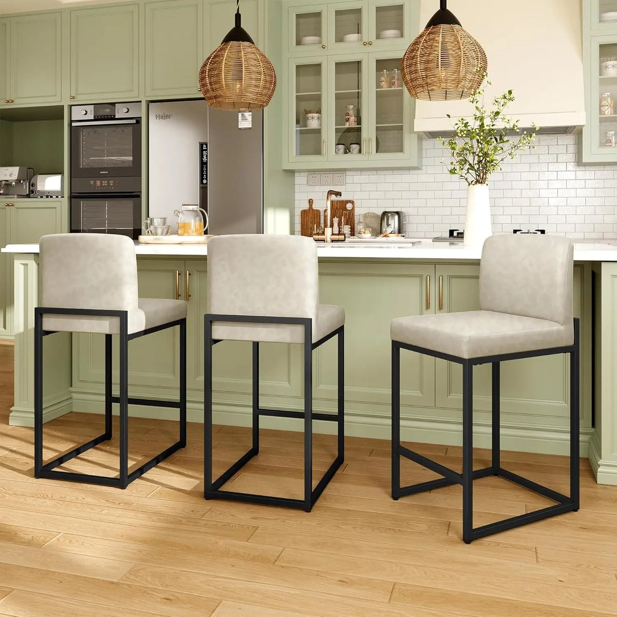 Bar Stool Set Of 3 With Back Faux Leather Upholstery
