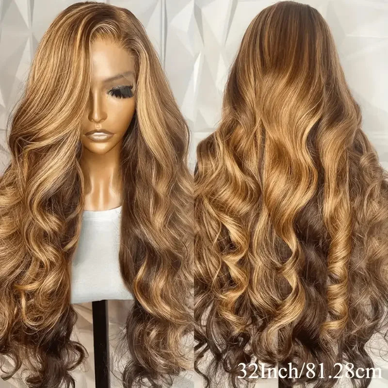 P4/27 Highlight  Brown Body Wave 13x6 Human Hair Wig Honey Blonde Colored 13x4 HD Lace PrePlucked 40 46 Inch Wigs For Women