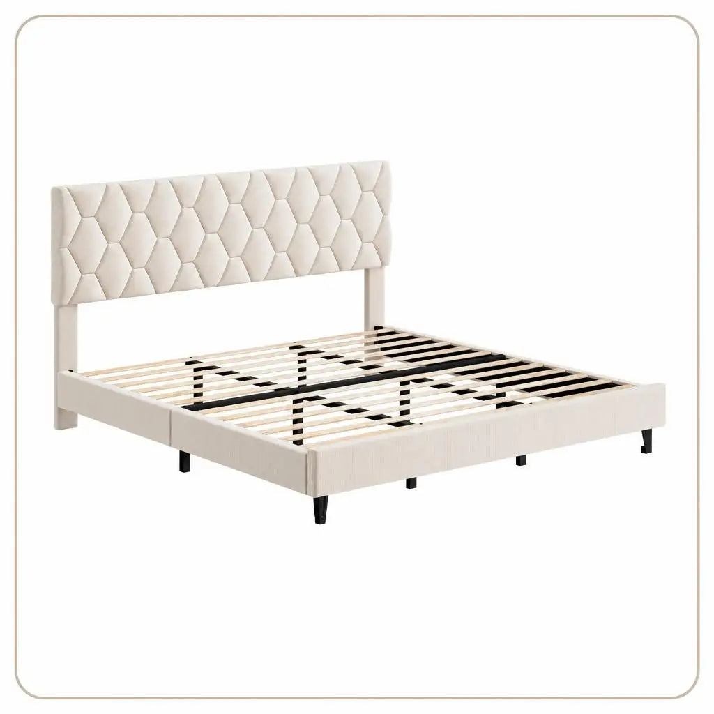 GAOMON Upholstered Platform Bed with Padded Headboard and Slat Support