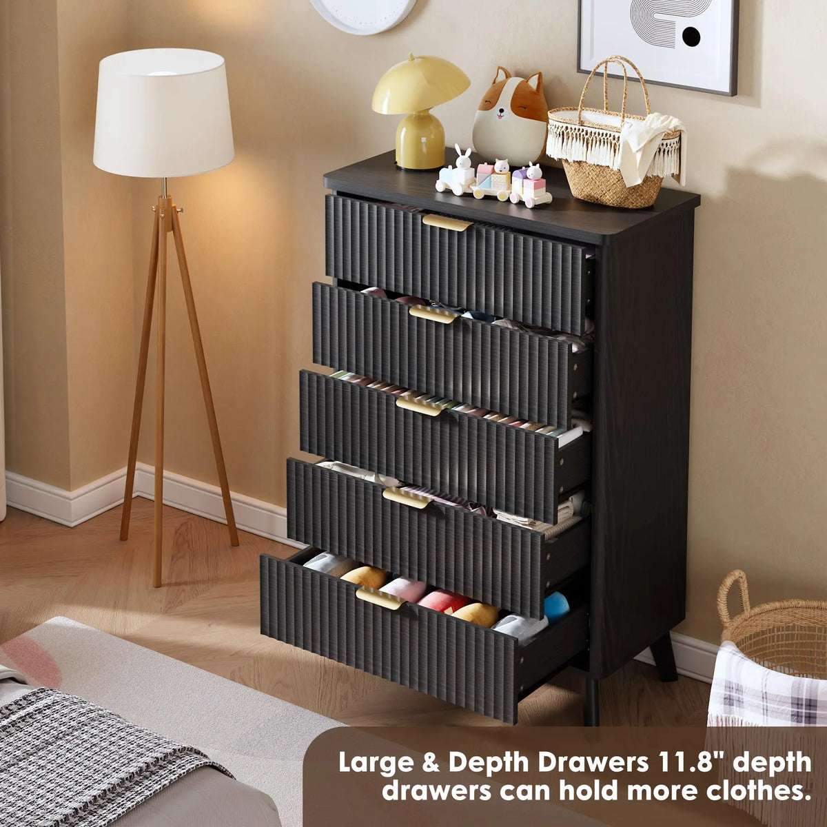 Modern Fluted Five Drawer Dresser With Deep Storage Cabinet