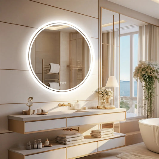 LUVODI Round Bathroom Mirror With Intelligent Dimmable Anti Fog LED