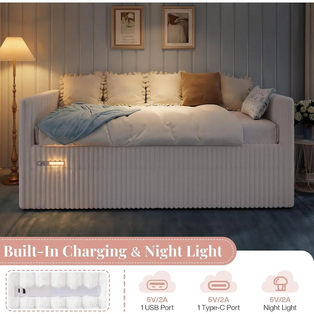 Faux-Fur Daybed With Storage Drawers And Night Light Easy Assembly