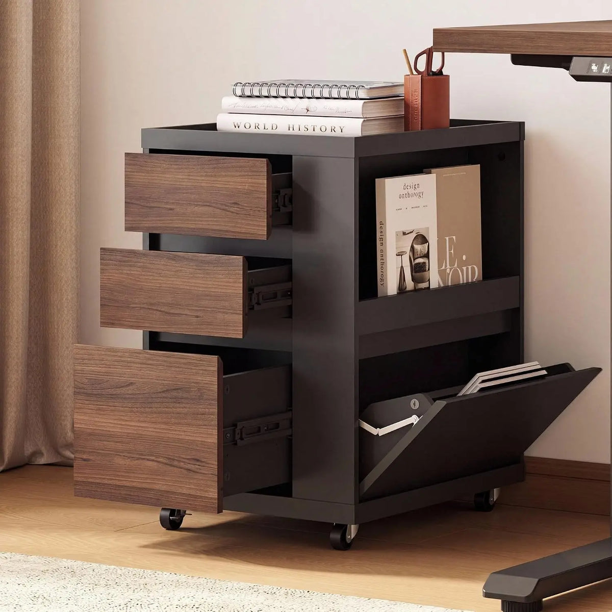 Mobile File Cabinet Under Desk with 3 Drawer, Office Storage Cabinet | Rolling Wood Printer Stand w/ Unique Side Shelf for Binde