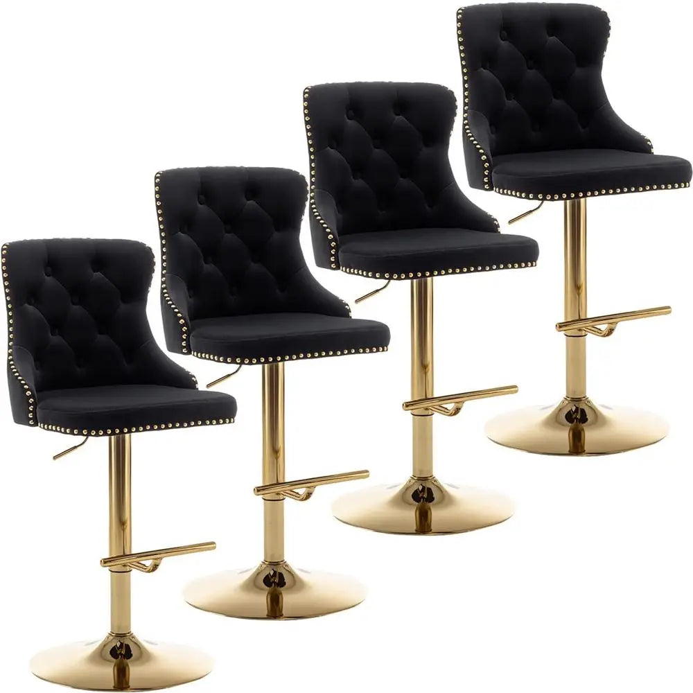 Gold Velvet Bar Stools Set o 4, Swivel Counter Height Bar Stools with Nails Trim, Adjustable Barstools or Kitchen Island, Pub, C