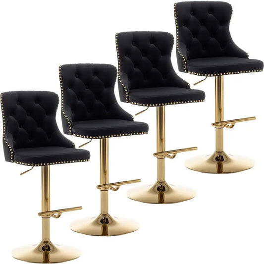 Gold Velvet Bar Stools Set o 4, Swivel Counter Height Bar Stools with Nails Trim, Adjustable Barstools or Kitchen Island, Pub, C