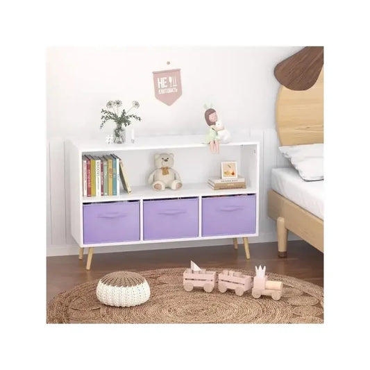 Kids Bookcase with Collapsible Fabric Bins, Children's Book Display & Toy Storage Organizer, White & Purple Design, Perfect for