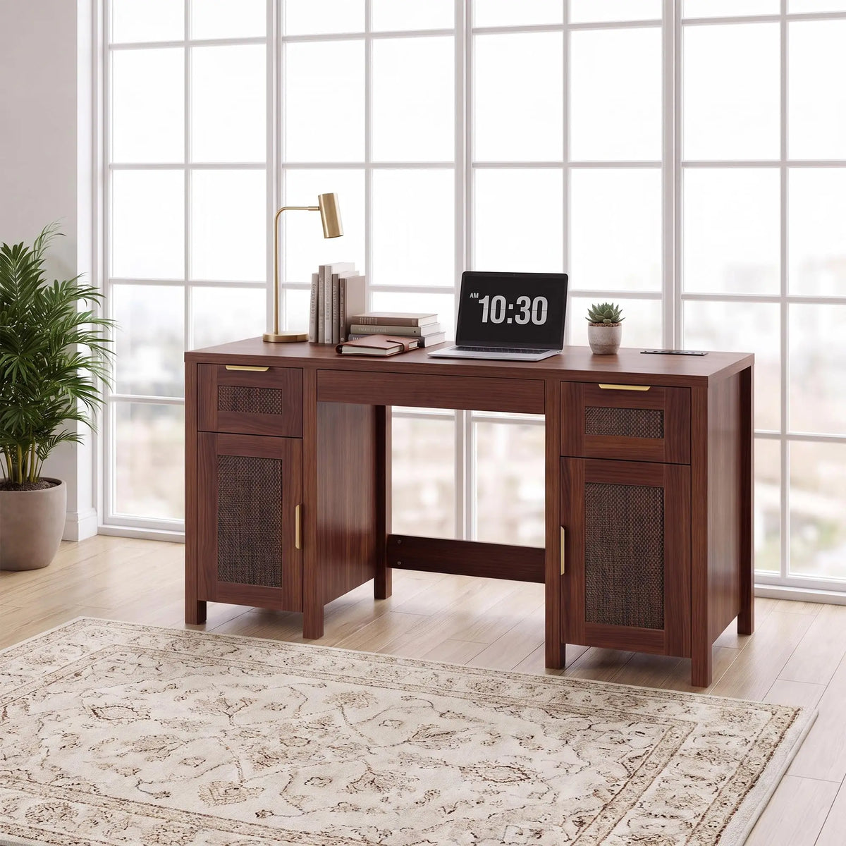 HiMISS Modern Wooden Office Desk With Drawers And Cabinet Storage