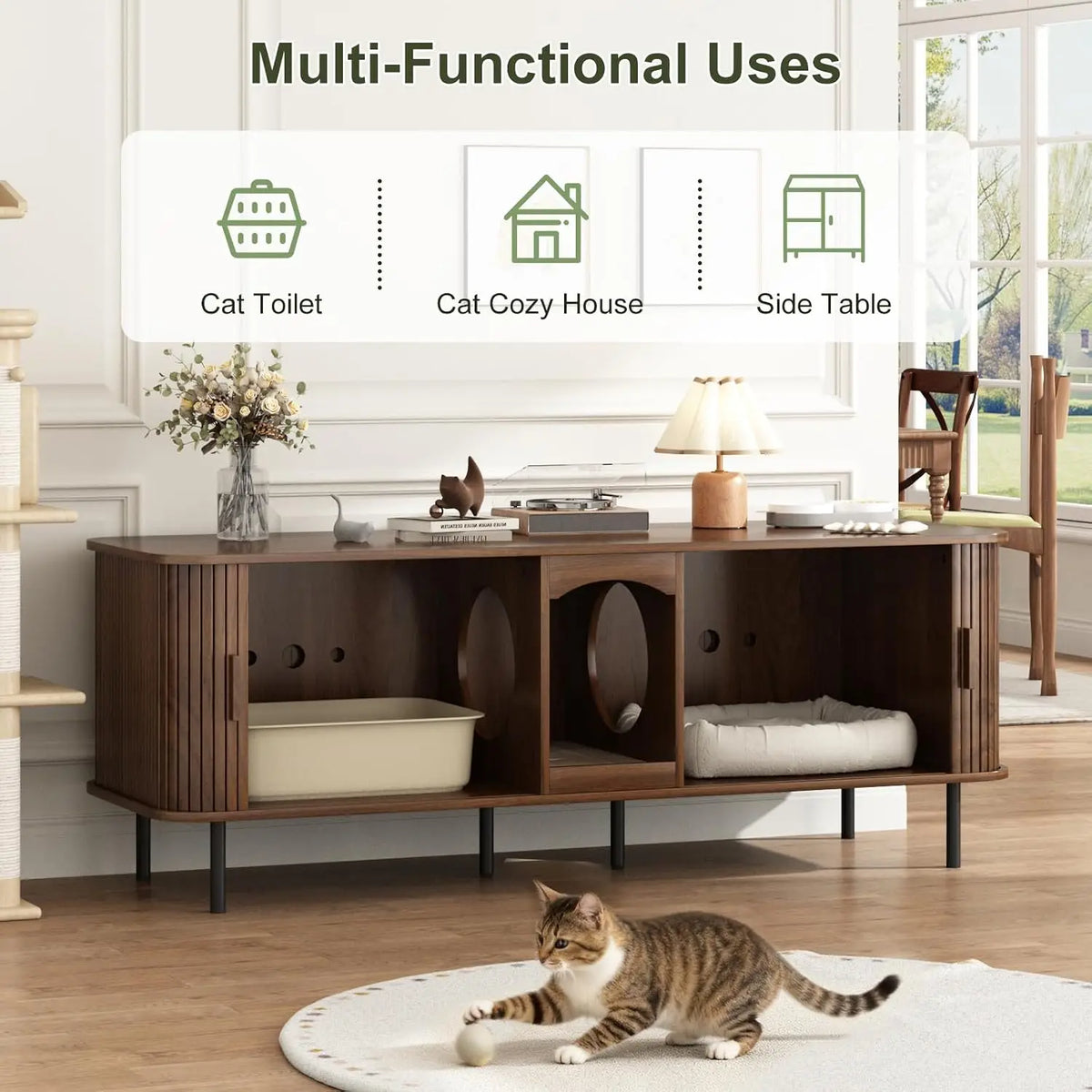 Double Cat Litter Box Enclosure Furniture, 59" Fluted Cabinet, Walnut | Large Hidden LitterBox Furniture, with Scratching Pad