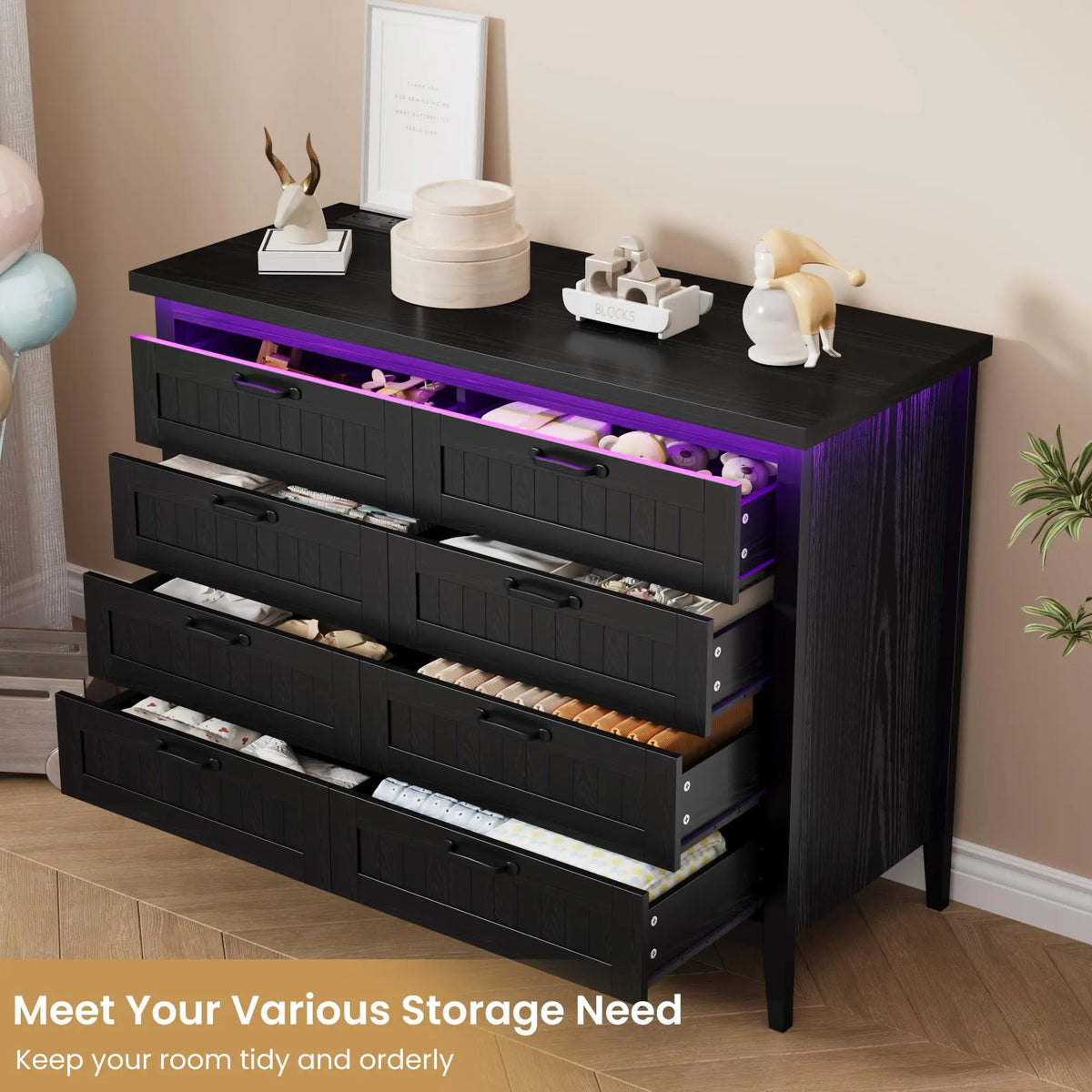 Farmhouse Wooden Dresser With Charging Station And LED Lights