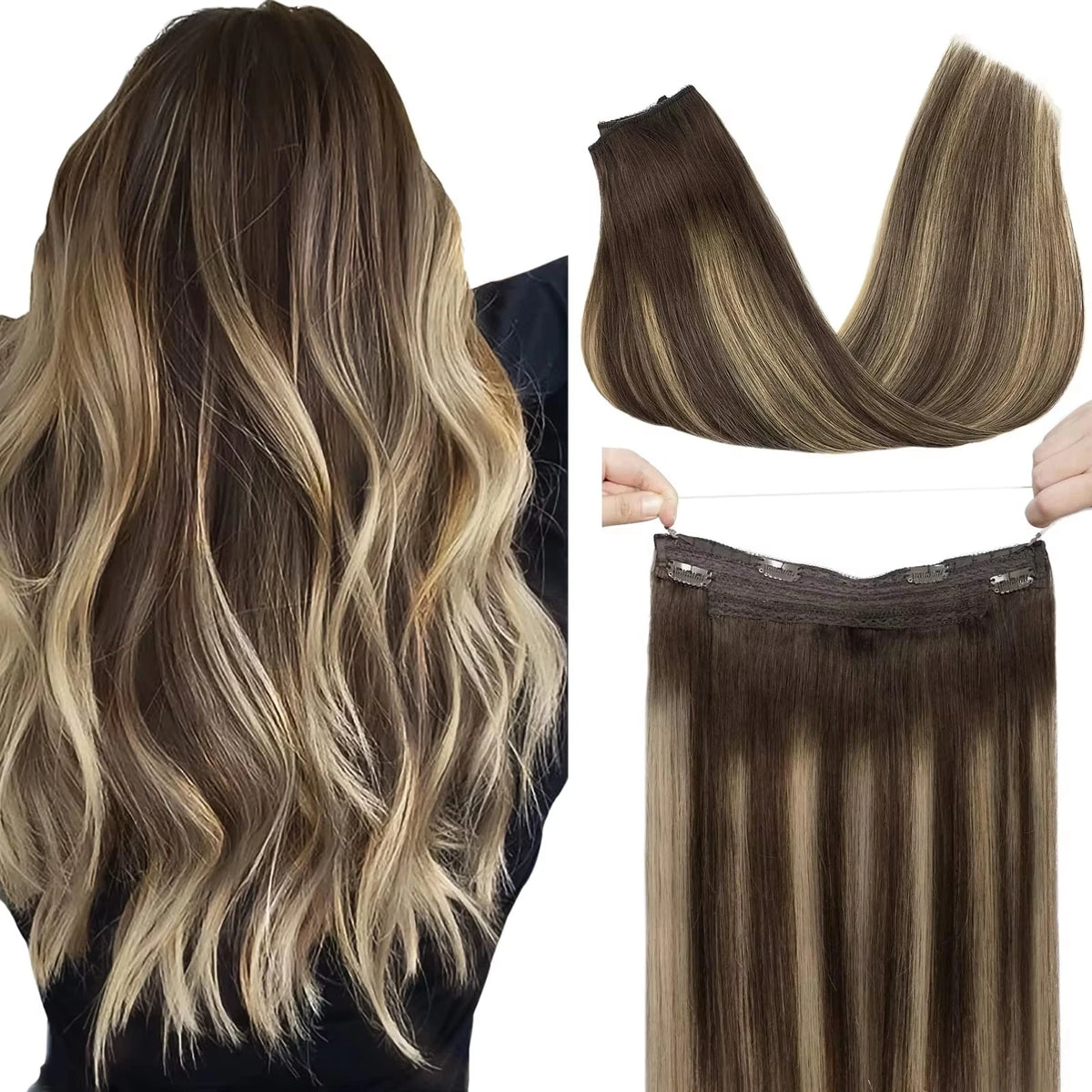 Sunmofavo Invisible Wire In Hair Extensions Halo 100% Remy Human Hair Adjustable Hairpiece with 4 Clips Walnut Brown Bleach Blonde Ombre Seamless Undetectable for Thin Fine Hair Instant Volume Soft Straight Real Human Hair Da