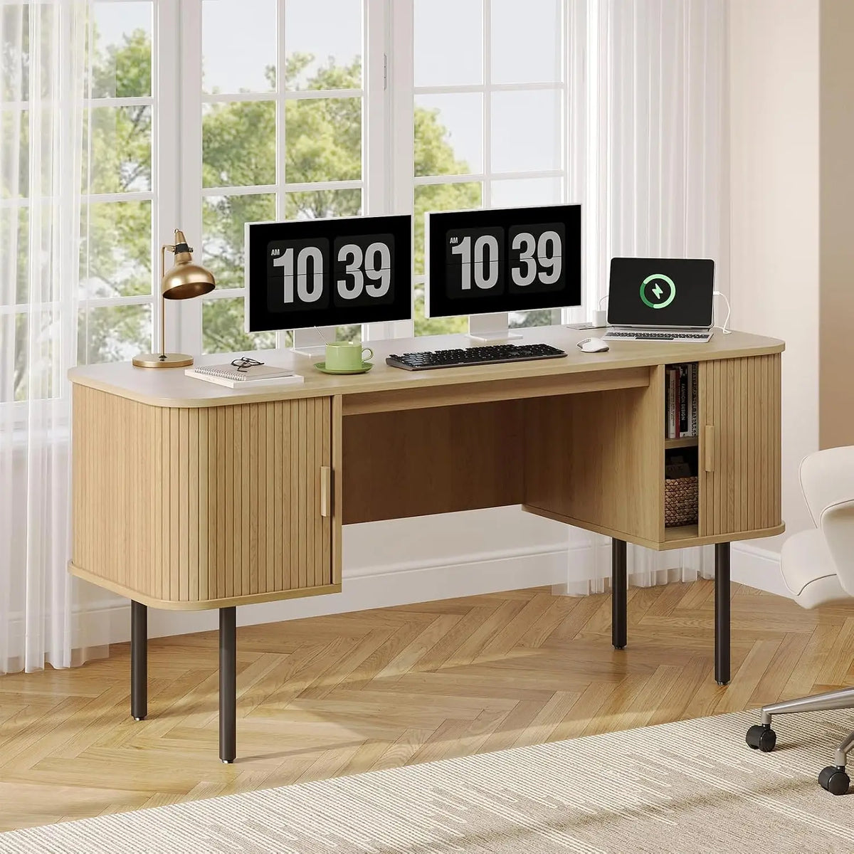 ONBRILL Fluted Computer Desk With Storage Cabinets And Power Outlets