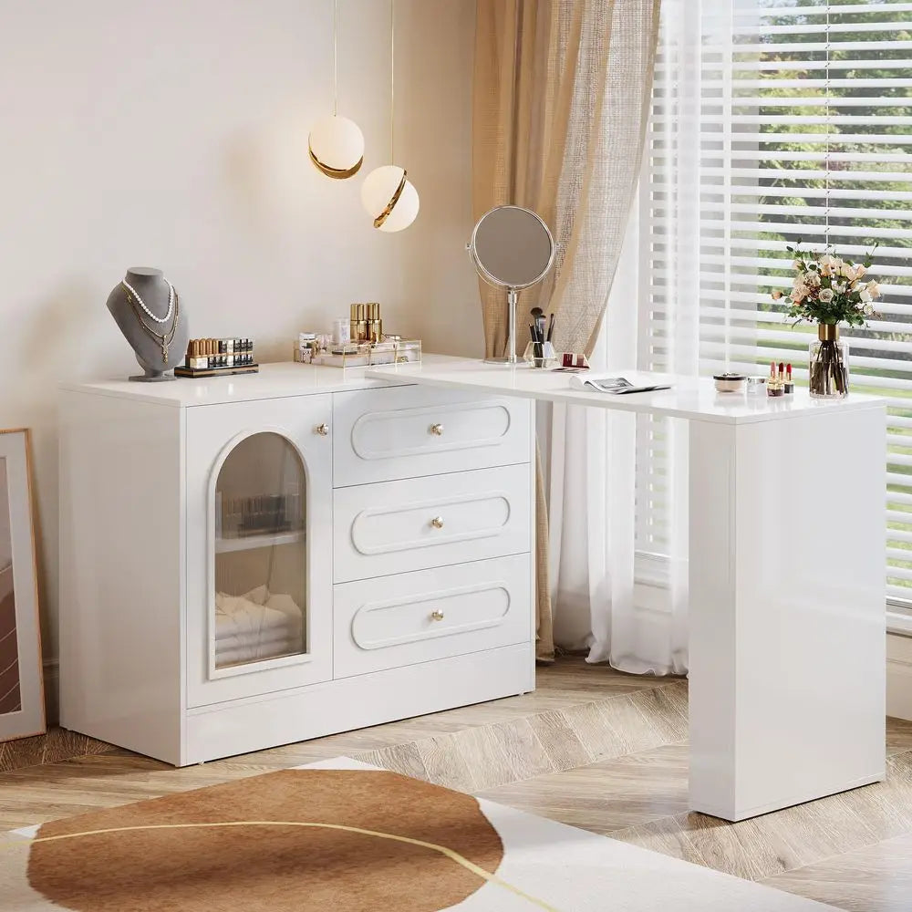 XMSJ Corner Vanity Desk With Drawers And Reversible Storage Cabinet