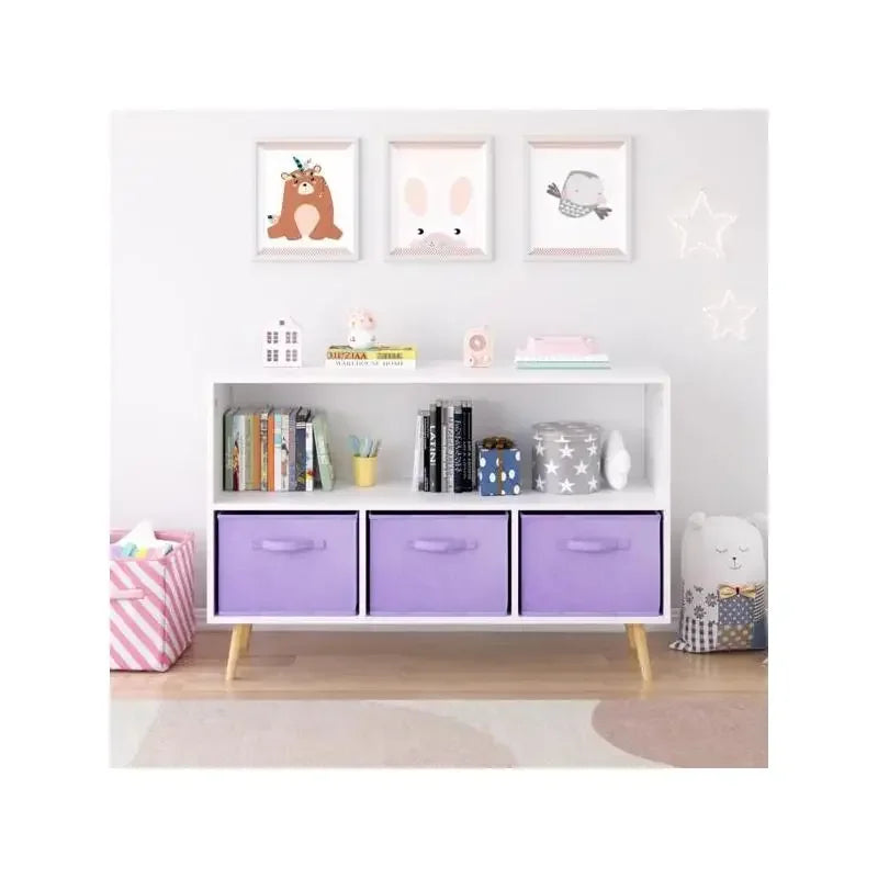 Kids Bookcase with Collapsible Fabric Bins, Children's Book Display & Toy Storage Organizer, White & Purple Design, Perfect for