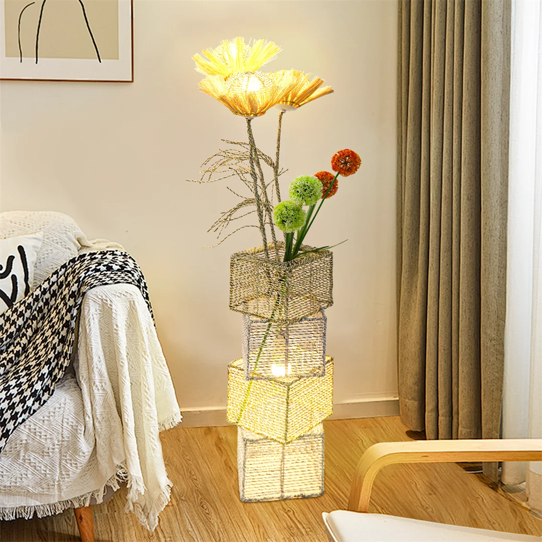 LUVODI Modern Rattan Floor Lamp Tall Standing Decorative Lighting for Living Room Bedroom Home Decor