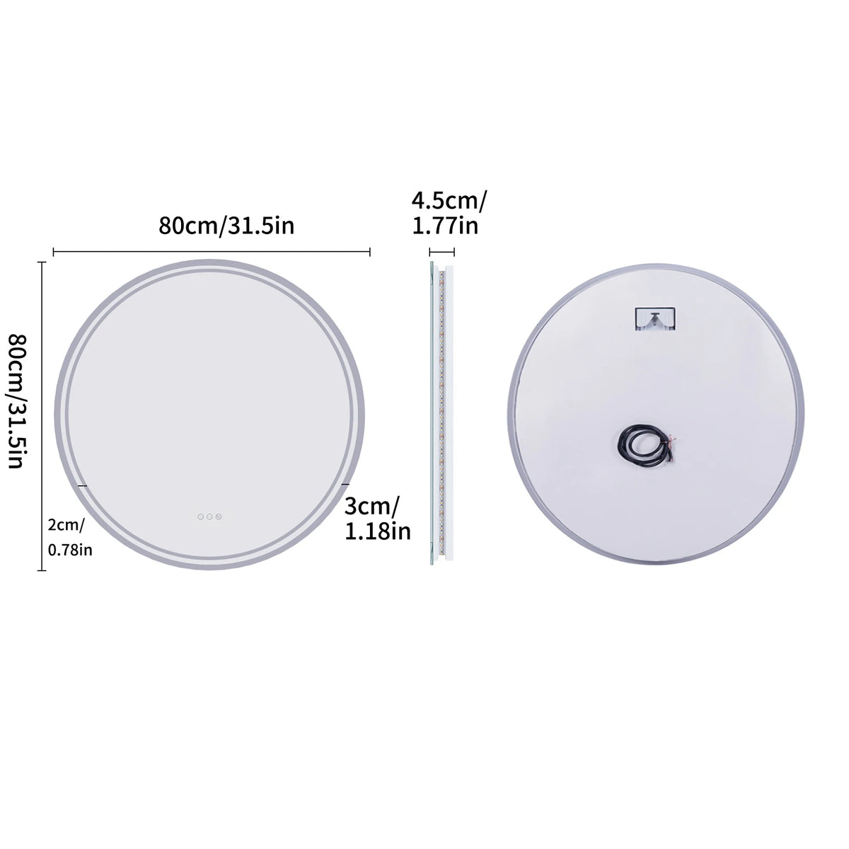 LUVODI Round Bathroom Mirror With Intelligent Dimmable Anti Fog LED
