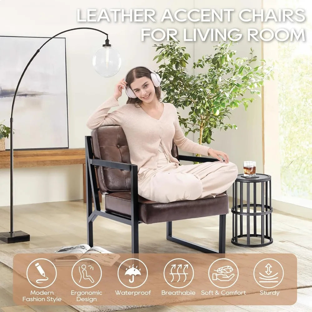 Mid Century Modern Accent Chair, Comfortable Brown Leather, Metal Legs for Various Rooms