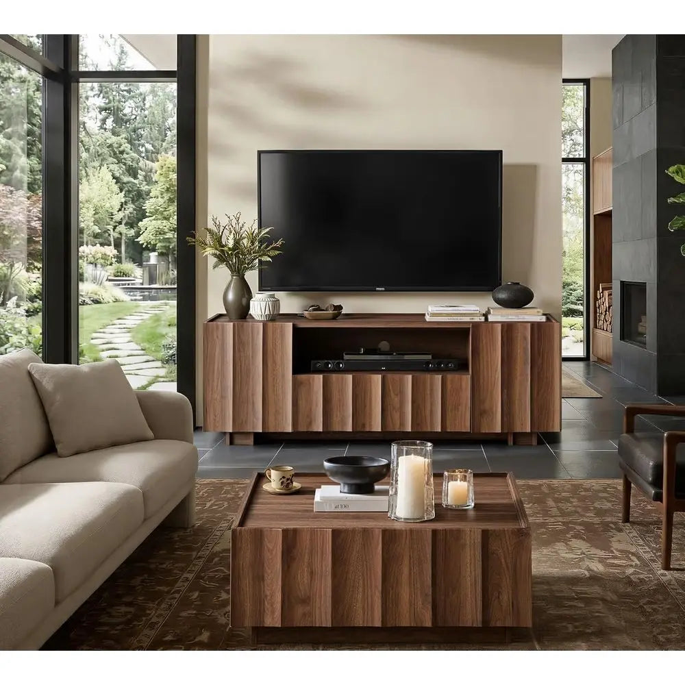 TV Stand With Wave Design And Adjustable Shelves Media Console