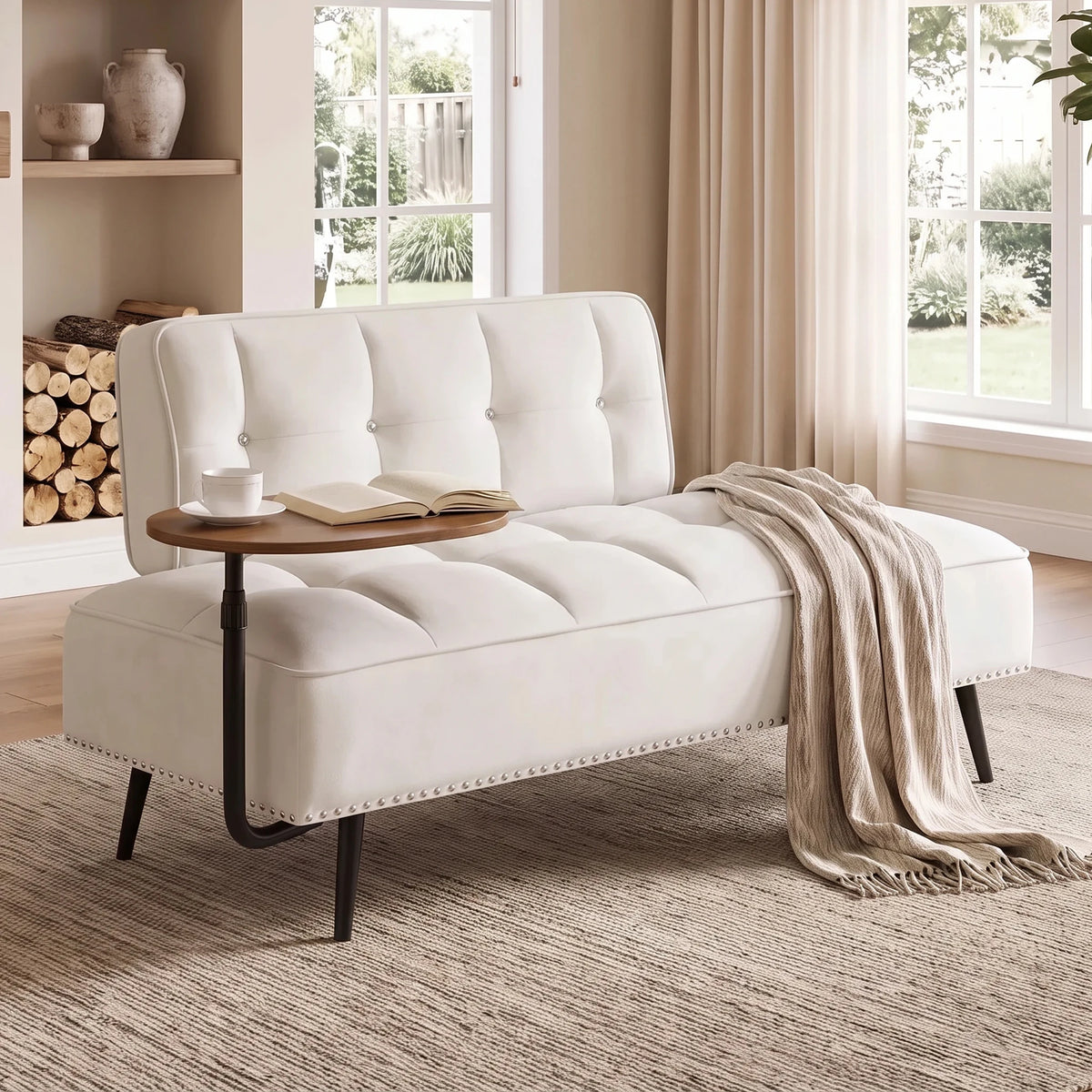 Modern Velvet Sofa With Rotating Side Table Space Saving Design