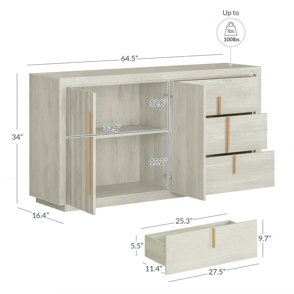 XMSJ Modern Fluted Door Sideboard Cabinet With Drawers And Shelves
