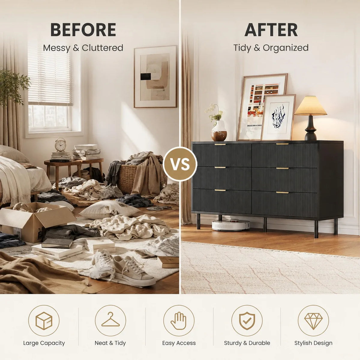 Fluted 6 Drawer Dresser with Metal Legs Wide Storage Cabinet Wood Chest of Drawers Anti Tipping Design Bedroom Living Room Hallway Organizer